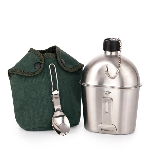 stainless stell military canteen with camo fork & cook pot