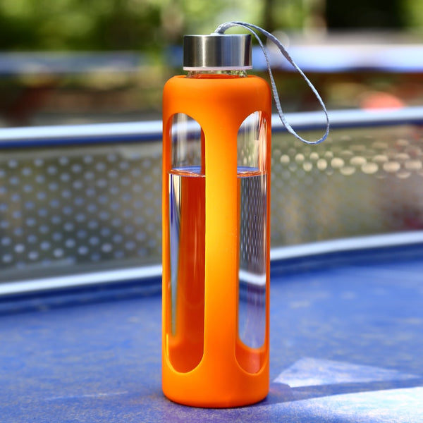 orange glass bottle with squishy sleeve